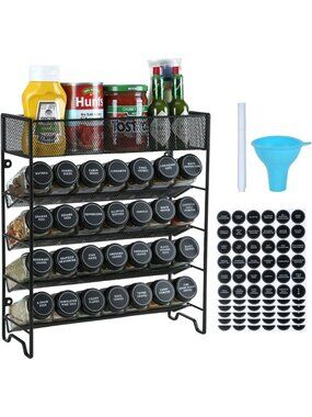 New Black 5-Tier Spice Rack Organizer with 28 Jars Labels Funnel Wall Mount